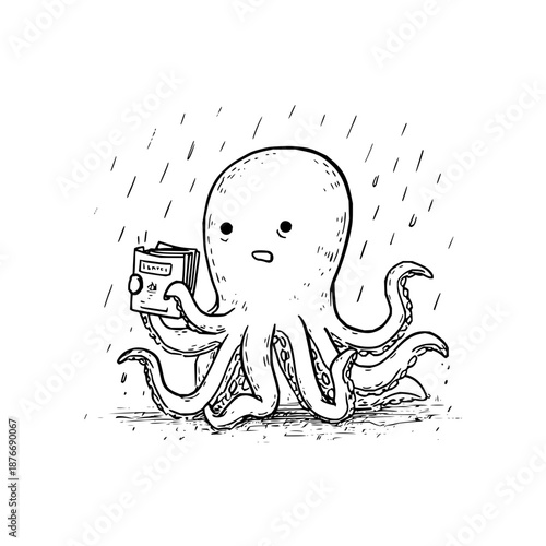 Octopus Holding Cassette Player in Rain
