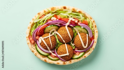 A delicious falafel pita stuffed with vegetables and sauce