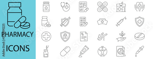 Pharmacy outline icon set. Containing medicine, pill, prescription, medication, pharmacist, dosage, capsule and more. Line icons vector collection, Editable...
