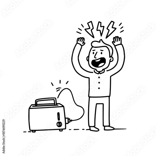 Frustrated Man with Hands Raised Next to Exploding Toaster