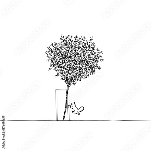 Bird Flying Out of Tree in Vase, Black and White Illustration
