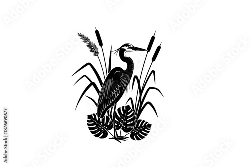 Wilderkind nature silhouette of a heron bird and botanical marsh plants. Organic wildlife and forest fauna vector for eco-branding and decor.