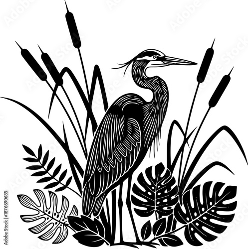 Wilderkind nature silhouette of a heron bird and botanical marsh plants. Organic wildlife and forest fauna vector for eco-branding and decor.