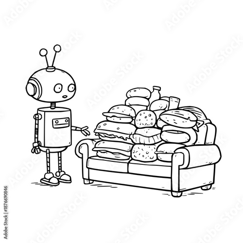 Robot Standing Next to Couch Piled with Burgers and Fries