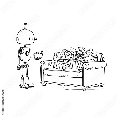 Robot Holding Bowl Standing Next to Messy Couch with Toys