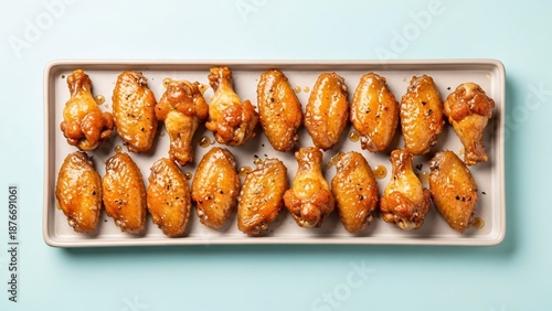 A plate of delicious chicken wings on a light blue background