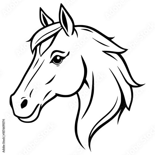 A detailed black and white illustration of a horse's head in profile with flowing mane