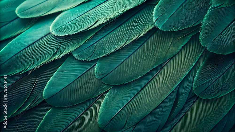 Obraz premium Close-up of vibrant green bird feathers with detailed texture, natural pattern background, exotic wildlife plumage, abstract nature design, tropical inspiration, eco-themed visuals