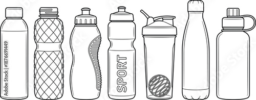 Line Art Illustration of Reusable Water Bottles Collection Including Protein Shaker Plastic Sport Flasks Metal Vacuum Insulated Bottle and Gym Hydration Containers Set