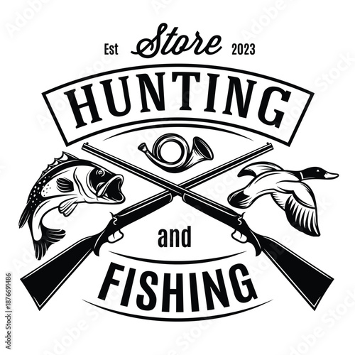 Vintage hunting and fishing store emblem with fish duck and guns