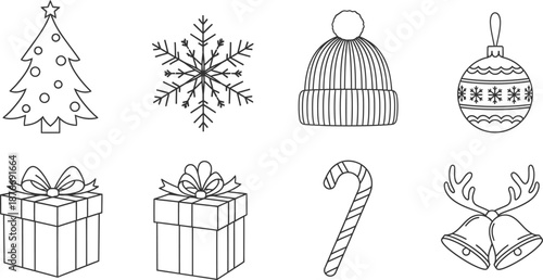 Collection of christmas elements including tree, snowflake, hat, and gift