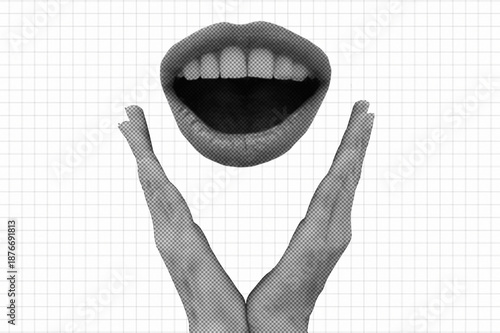Halftone collage with female open mouth. Female halftone lips.