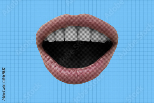 Halftone collage with female open mouth. Female halftone lips.