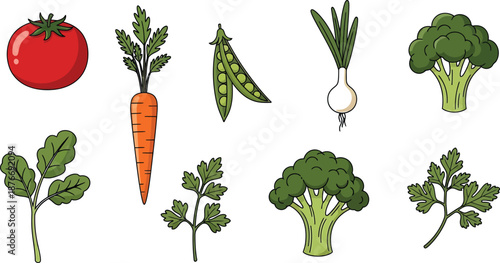 Fresh vegetable collection with tomato carrot peas and broccoli