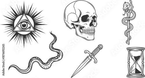 Mysterious symbols and objects representing life death and time