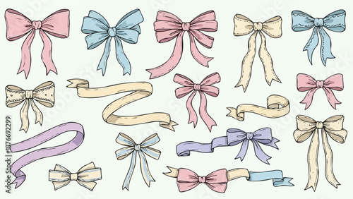Collection of Hand Drawn Bows and Ribbons Vector Illustration.