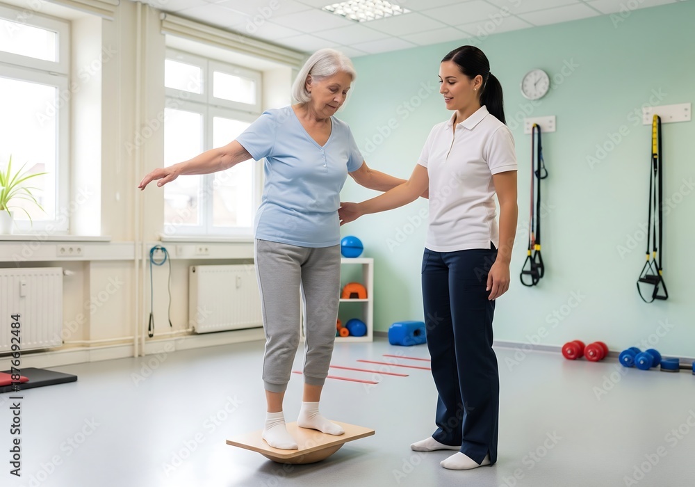 Fototapeta premium An elderly woman practices her balance on a wooden wobble board with the assistance of a physical therapist in a bright rehabilitation room.