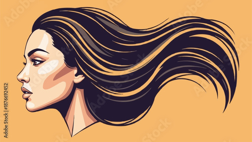 Woman with flowing dark hair in profile illustration.