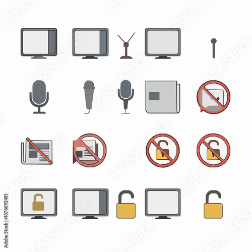 Media control and censorship icon set vector illustration with flat communication restriction symbols