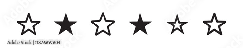 Six basic star icons representing different styles of filled and outline five pointed shapes for graphics