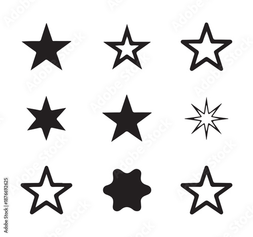 Nine black star icons variations featuring solid outlined and multi pointed shapes for interface use