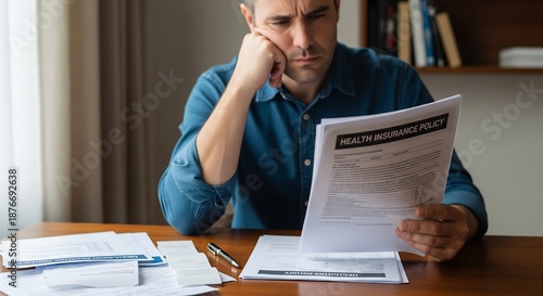 A man sits at a desk, looking concerned while reading a health insurance policy document.