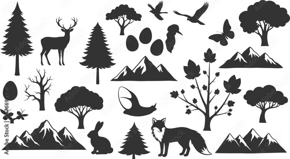 Fototapeta premium Collection of various black silhouette elements representing wildlife and natural landscapes