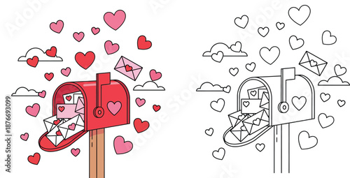 Cartoon mailbox overflowing with love letters and flying hearts coloring page outline vector illustration
