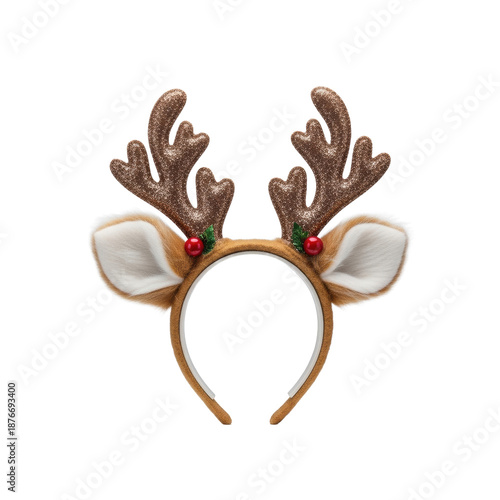 Close-up, high-key product shot of a luxurious reindeer antler headband with sparkling brown antlers and cream faux fur ears, displayed on a minimalist white platform. Concept for christmas accessory