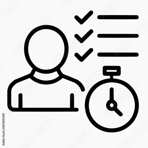 Line icon of a person with layered tasks and clock — urgent multitasking, black on white, square minimalist style