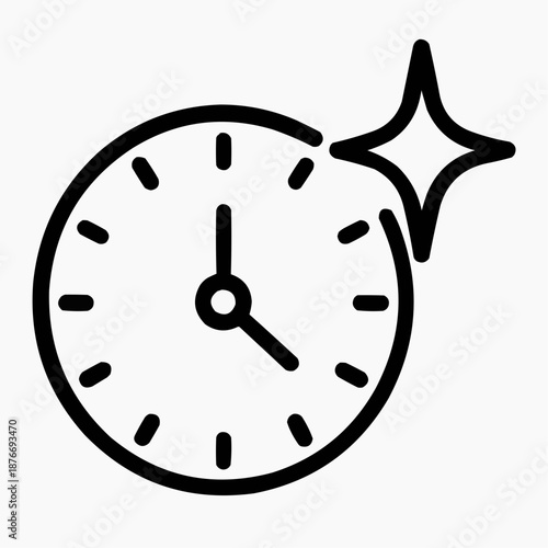 Line icon of a clock with spark — immediate attention, black on white, square minimalist style