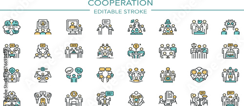 Collection of diverse icons representing cooperation in various forms and styles on a clean white background