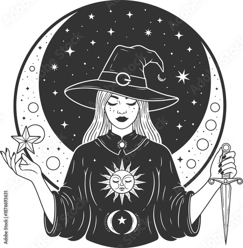 Mystical witch with celestial symbols and magical tools in a dreamy night sky