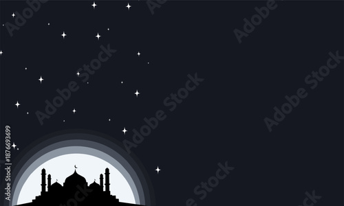 A minimalist illustration featuring a mosque silhouette against a dark night sky with twinkling stars, with a clean empty space on the right side for text or design elements. Suitable for Ramadan