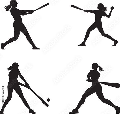 Dynamic Female Baseball and Softball Player Silhouettes in Various Batting Poses, Vector Illustration and Clip art