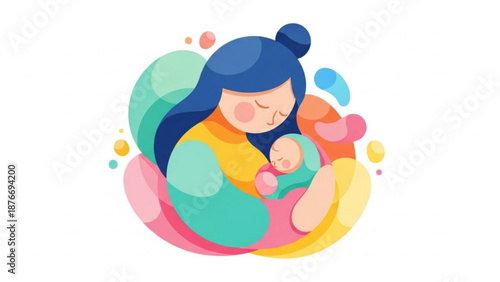 Mother breastfeeding baby tender moment of maternal love and care colorful abstract shapes vector illustration for family and healthcare concepts