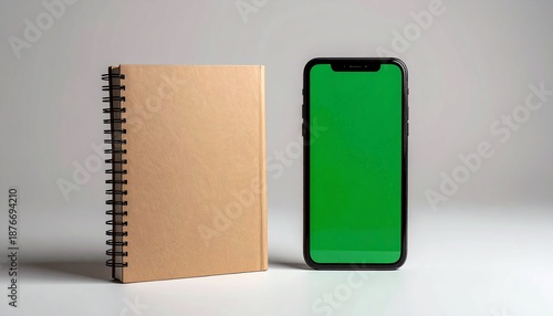 A notebook and smartphone with a green screen on a white surface