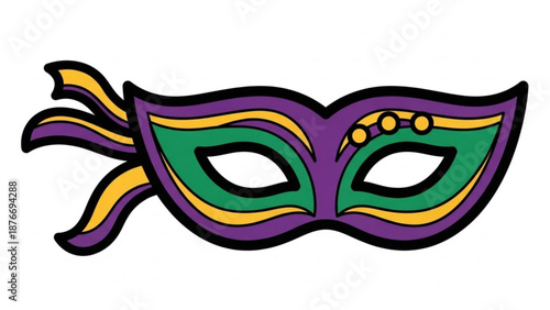 Mardi Gras mask with purple green and gold colors featuring feathers and beads perfect for festive celebrations and masquerade events