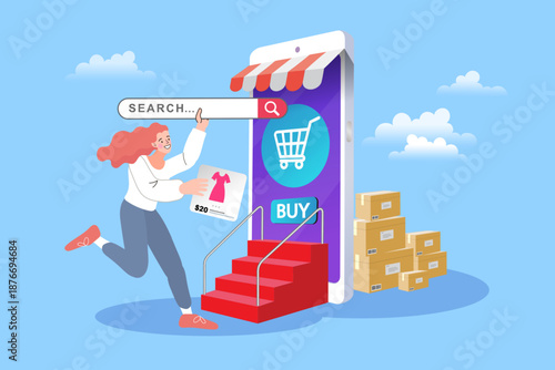 E-commerce and mobile shopping concept. A happy woman buys a dress on a giant smartphone store with a search bar and stairs. Illustrates easy online fashion shopping and fast delivery.