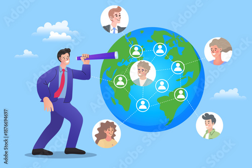 Global networking and recruitment concept. Businessman with telescope searching for people connections on world globe.