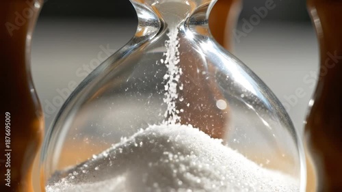 Close-up of hourglass with sand falling, symbolizing time passing and deadlines