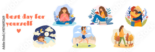 Self care lifestyle set with calm woman. Girl meditating, reading, sleeping, running, walking, meet with friends. Mindfulness bundle for mental health, wellness routines, positive lifestyle branding