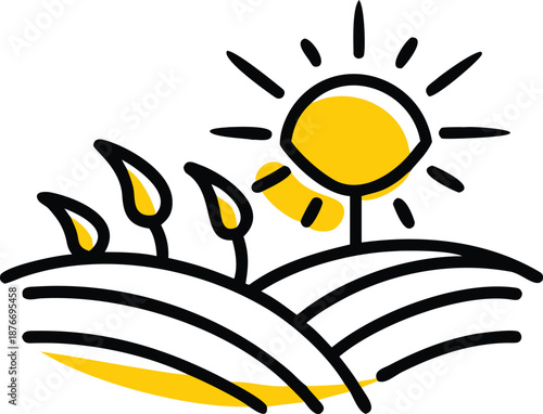 Vibrant Colored Line Art Illustration of Sun Shining Over Agricultural Crops, Symbolizing Growth and Prosperity