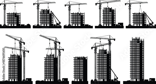 High-rise building construction stages with cranes, scaffolding, workers, structural framework, urban development, engineering process, city growth, architecture progress illustration