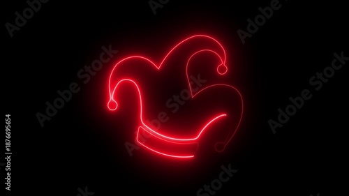 Abstract glowing neon Glowing Neon Jester joker Hat Icon Animation on Black Background. Neon Clown Hat with Bells . Casino gambling .4k motion video animation .