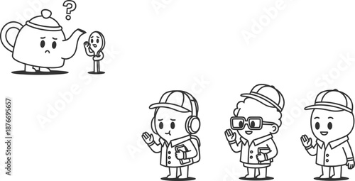 Cartoon characters representing different professions and confused teapot