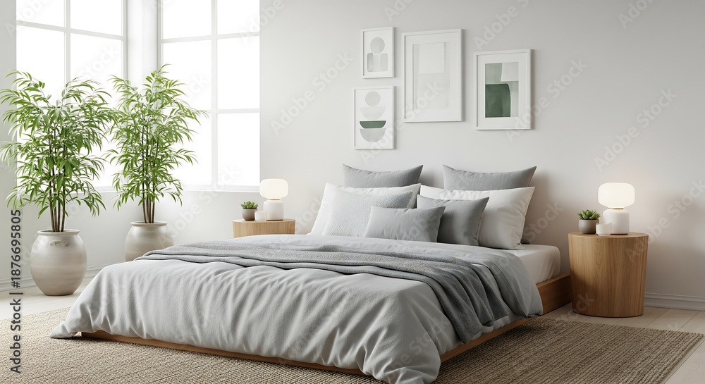 Fototapeta premium Minimalist Bedroom Interior Design with Natural Light and Plants - Cozy and Relaxing Space