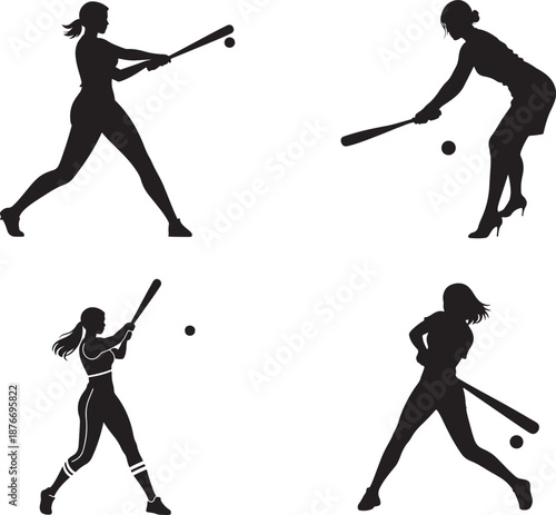 Dynamic Female Baseball and Softball Player Silhouettes in Various Batting Poses, Vector Illustration and Clip art