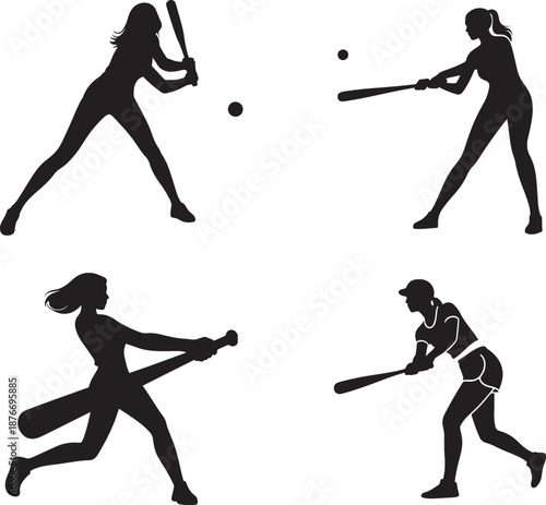 Dynamic Female Baseball and Softball Player Silhouettes in Various Batting Poses, Vector Illustration and Clip art