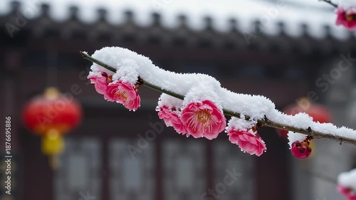 Pink plum blossoms blooming in snow with lanterns